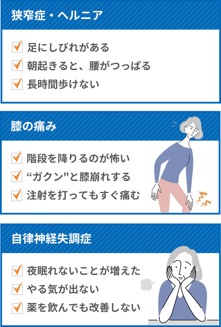 狭窄症・ヘルニア、膝の痛み、自律神経失調症のお悩み例